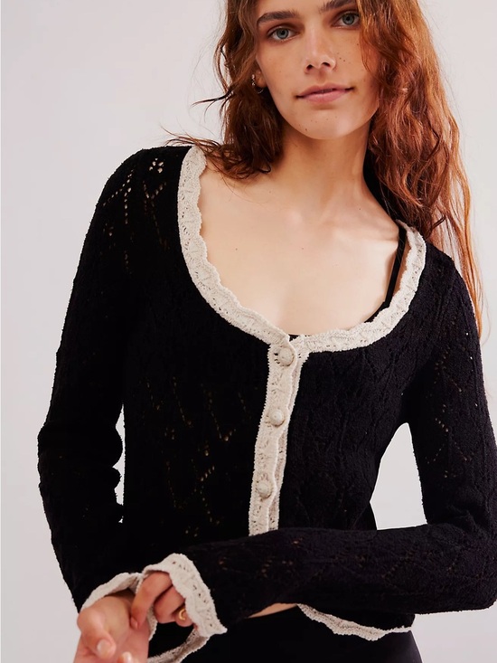 Free People Sweaters - Free People Adelene Black Open-Knit Cardigan with Cream Trim